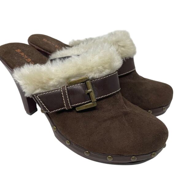 Brown Faux Suede Heeled Clogs With Faux Fur Trim Size 8.5 - Picture 1 of 12